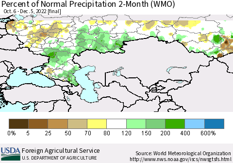 Russian Federation Percent of Normal Precipitation 2-Month (WMO) Thematic Map For 10/6/2022 - 12/5/2022