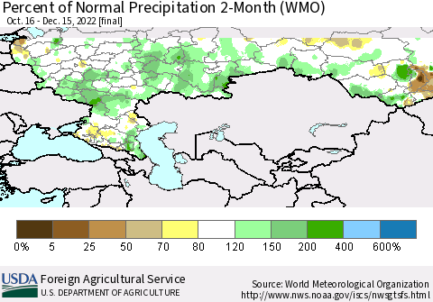 Russian Federation Percent of Normal Precipitation 2-Month (WMO) Thematic Map For 10/16/2022 - 12/15/2022