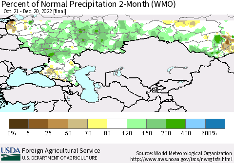 Russian Federation Percent of Normal Precipitation 2-Month (WMO) Thematic Map For 10/21/2022 - 12/20/2022
