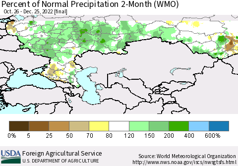 Russian Federation Percent of Normal Precipitation 2-Month (WMO) Thematic Map For 10/26/2022 - 12/25/2022