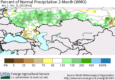 Russian Federation Percent of Normal Precipitation 2-Month (WMO) Thematic Map For 11/1/2022 - 12/31/2022