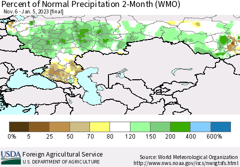Russian Federation Percent of Normal Precipitation 2-Month (WMO) Thematic Map For 11/6/2022 - 1/5/2023