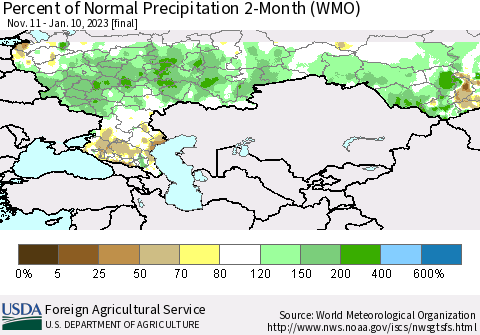 Russian Federation Percent of Normal Precipitation 2-Month (WMO) Thematic Map For 11/11/2022 - 1/10/2023
