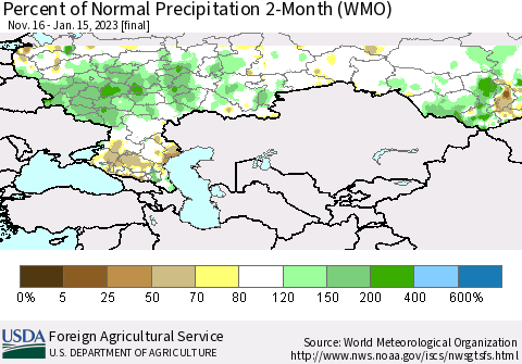 Russian Federation Percent of Normal Precipitation 2-Month (WMO) Thematic Map For 11/16/2022 - 1/15/2023