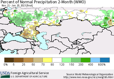 Russian Federation Percent of Normal Precipitation 2-Month (WMO) Thematic Map For 11/21/2022 - 1/20/2023