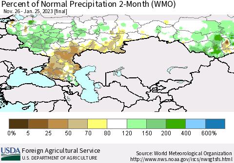 Russian Federation Percent of Normal Precipitation 2-Month (WMO) Thematic Map For 11/26/2022 - 1/25/2023