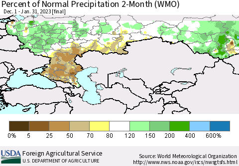 Russian Federation Percent of Normal Precipitation 2-Month (WMO) Thematic Map For 12/1/2022 - 1/31/2023