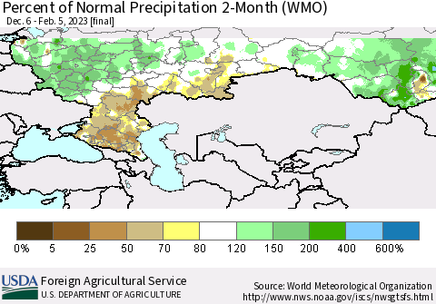 Russian Federation Percent of Normal Precipitation 2-Month (WMO) Thematic Map For 12/6/2022 - 2/5/2023
