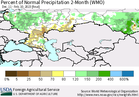 Russian Federation Percent of Normal Precipitation 2-Month (WMO) Thematic Map For 12/11/2022 - 2/10/2023