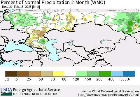 Russian Federation Percent of Normal Precipitation 2-Month (WMO) Thematic Map For 12/16/2022 - 2/15/2023