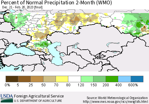 Russian Federation Percent of Normal Precipitation 2-Month (WMO) Thematic Map For 12/21/2022 - 2/20/2023