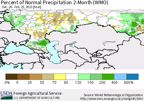 Russian Federation Percent of Normal Precipitation 2-Month (WMO) Thematic Map For 12/26/2022 - 2/25/2023