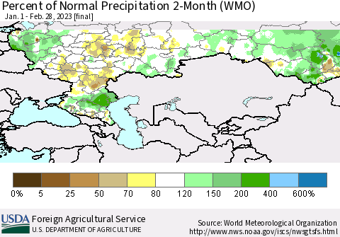Russian Federation Percent of Normal Precipitation 2-Month (WMO) Thematic Map For 1/1/2023 - 2/28/2023