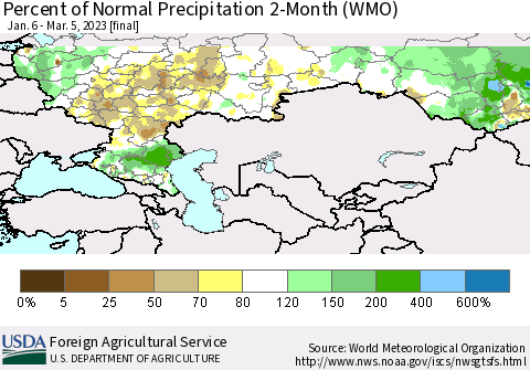 Russian Federation Percent of Normal Precipitation 2-Month (WMO) Thematic Map For 1/6/2023 - 3/5/2023