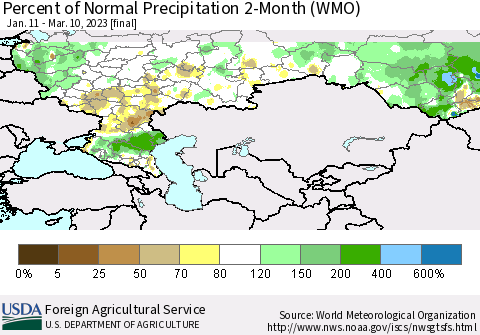 Russian Federation Percent of Normal Precipitation 2-Month (WMO) Thematic Map For 1/11/2023 - 3/10/2023
