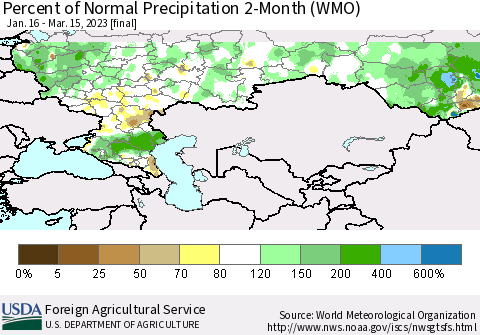 Russian Federation Percent of Normal Precipitation 2-Month (WMO) Thematic Map For 1/16/2023 - 3/15/2023