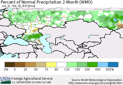 Russian Federation Percent of Normal Precipitation 2-Month (WMO) Thematic Map For 1/21/2023 - 3/20/2023