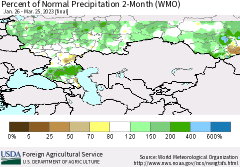 Russian Federation Percent of Normal Precipitation 2-Month (WMO) Thematic Map For 1/26/2023 - 3/25/2023