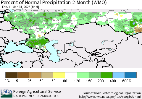 Russian Federation Percent of Normal Precipitation 2-Month (WMO) Thematic Map For 2/1/2023 - 3/31/2023