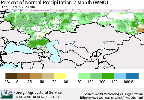 Russian Federation Percent of Normal Precipitation 2-Month (WMO) Thematic Map For 2/6/2023 - 4/5/2023