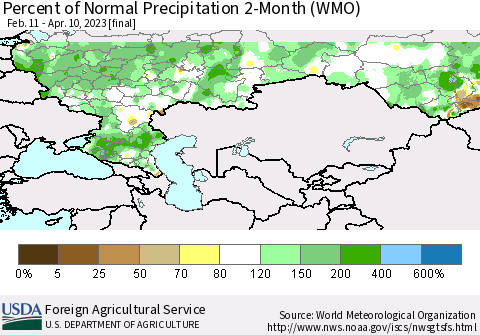 Russian Federation Percent of Normal Precipitation 2-Month (WMO) Thematic Map For 2/11/2023 - 4/10/2023