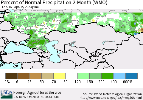 Russian Federation Percent of Normal Precipitation 2-Month (WMO) Thematic Map For 2/16/2023 - 4/15/2023
