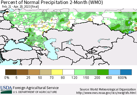 Russian Federation Percent of Normal Precipitation 2-Month (WMO) Thematic Map For 2/21/2023 - 4/20/2023