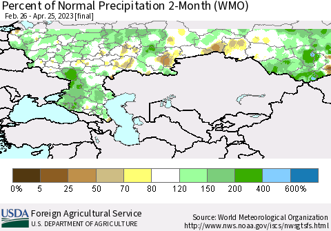 Russian Federation Percent of Normal Precipitation 2-Month (WMO) Thematic Map For 2/26/2023 - 4/25/2023