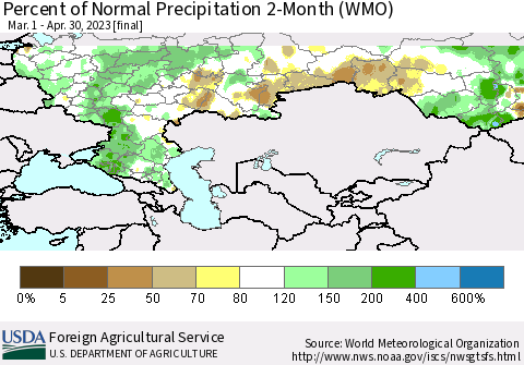 Russian Federation Percent of Normal Precipitation 2-Month (WMO) Thematic Map For 3/1/2023 - 4/30/2023