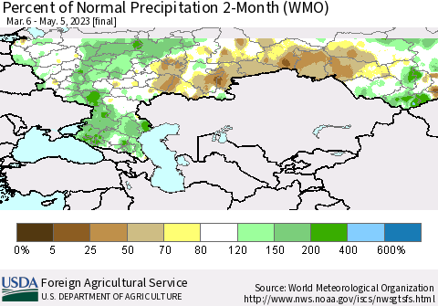 Russian Federation Percent of Normal Precipitation 2-Month (WMO) Thematic Map For 3/6/2023 - 5/5/2023