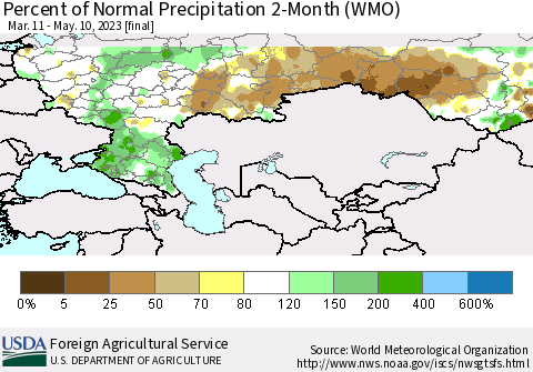 Russian Federation Percent of Normal Precipitation 2-Month (WMO) Thematic Map For 3/11/2023 - 5/10/2023