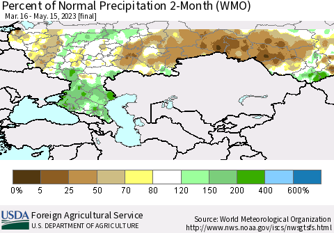 Russian Federation Percent of Normal Precipitation 2-Month (WMO) Thematic Map For 3/16/2023 - 5/15/2023