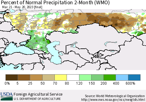 Russian Federation Percent of Normal Precipitation 2-Month (WMO) Thematic Map For 3/21/2023 - 5/20/2023