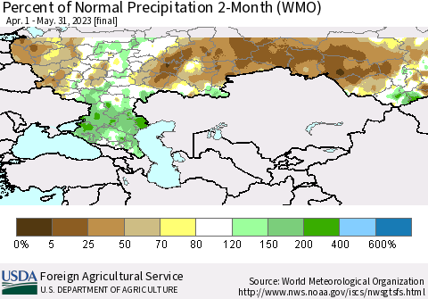 Russian Federation Percent of Normal Precipitation 2-Month (WMO) Thematic Map For 4/1/2023 - 5/31/2023