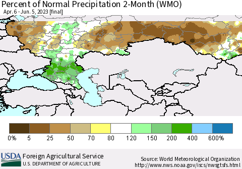 Russian Federation Percent of Normal Precipitation 2-Month (WMO) Thematic Map For 4/6/2023 - 6/5/2023