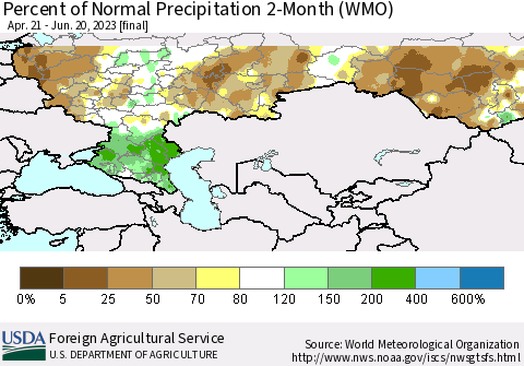 Russian Federation Percent of Normal Precipitation 2-Month (WMO) Thematic Map For 4/21/2023 - 6/20/2023