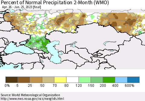 Russian Federation Percent of Normal Precipitation 2-Month (WMO) Thematic Map For 4/26/2023 - 6/25/2023