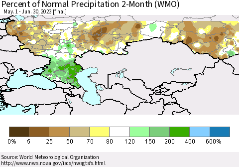 Russian Federation Percent of Normal Precipitation 2-Month (WMO) Thematic Map For 5/1/2023 - 6/30/2023