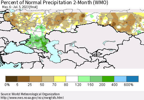 Russian Federation Percent of Normal Precipitation 2-Month (WMO) Thematic Map For 5/6/2023 - 7/5/2023