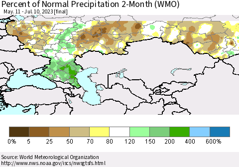 Russian Federation Percent of Normal Precipitation 2-Month (WMO) Thematic Map For 5/11/2023 - 7/10/2023