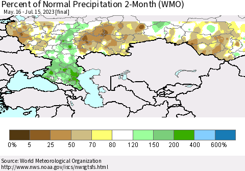 Russian Federation Percent of Normal Precipitation 2-Month (WMO) Thematic Map For 5/16/2023 - 7/15/2023