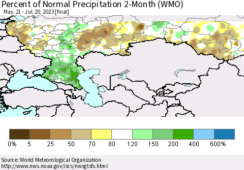 Russian Federation Percent of Normal Precipitation 2-Month (WMO) Thematic Map For 5/21/2023 - 7/20/2023