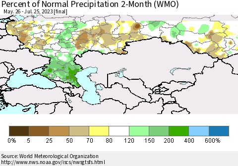 Russian Federation Percent of Normal Precipitation 2-Month (WMO) Thematic Map For 5/26/2023 - 7/25/2023