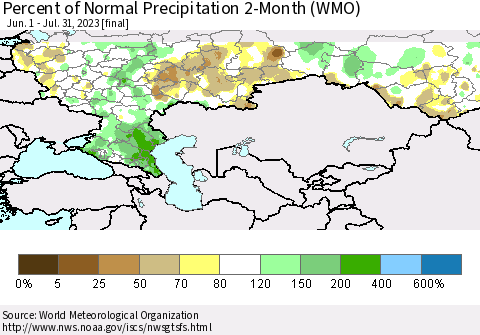 Russian Federation Percent of Normal Precipitation 2-Month (WMO) Thematic Map For 6/1/2023 - 7/31/2023