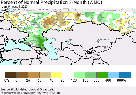 Russian Federation Percent of Normal Precipitation 2-Month (WMO) Thematic Map For 6/6/2023 - 8/5/2023