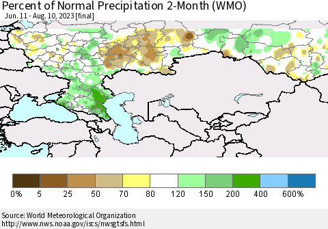 Russian Federation Percent of Normal Precipitation 2-Month (WMO) Thematic Map For 6/11/2023 - 8/10/2023