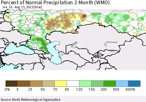 Russian Federation Percent of Normal Precipitation 2-Month (WMO) Thematic Map For 6/16/2023 - 8/15/2023