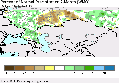 Russian Federation Percent of Normal Precipitation 2-Month (WMO) Thematic Map For 6/21/2023 - 8/20/2023