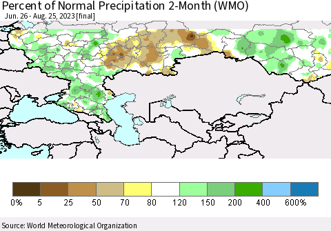 Russian Federation Percent of Normal Precipitation 2-Month (WMO) Thematic Map For 6/26/2023 - 8/25/2023