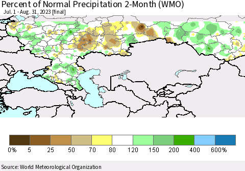 Russian Federation Percent of Normal Precipitation 2-Month (WMO) Thematic Map For 7/1/2023 - 8/31/2023